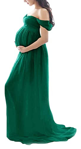Tomwell Abito Fotografico Premaman Maxi Vestito Fotografico Eleganti Fuori Spalla Chiffon Gravidanti Abbigliamento Maternity Dress Gonna di Lunghezza del Pavimento A Verde M