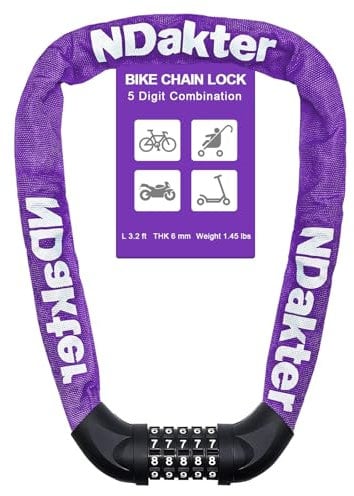 NDakter Fahrradschloss mit Zahlencode und hoher Sicherheitsstufe, (100cm*6mm) Fahrrad KettenSchloss mit 5-Stellig Zahlencode, Kette aus gehärtetem Stahl für Fahrrad Roller Ebike Motorrad (lila)