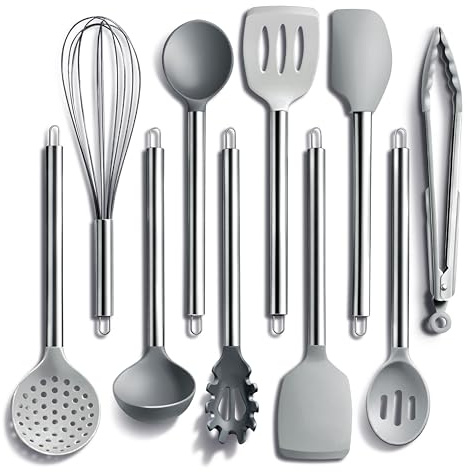COOK WITH COLOR Silicone Cooking Utensils, 10 Pc Kitchen Utensil Set, Easy to Clean, Nonstick Cookware Safe, Kitchen Gadgets Set (Grey)