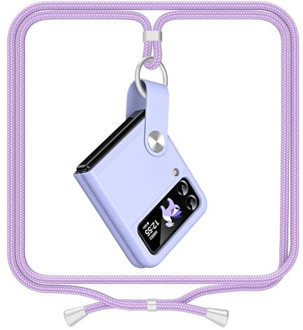 Hülle Kompatibel mit Samsung Galaxy Z Flip 4 / Flip 3 5G, Handykette Handyhülle Veganes Leder PC Rahmen Schutzhülle mit Band Case, Lila
