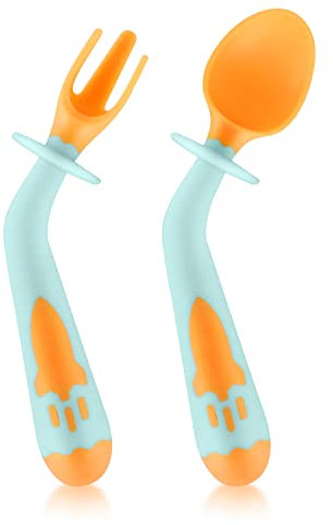 1 Juego Tenedor y Cuchara para Bebe, Mango Flexible Cuchara y Tenedor Silicona Cuchara de Entrenamiento Sin BPA para Bebés de 6 a 18 Meses (Azul)