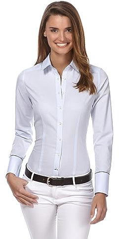 Vincenzo Boretti Chemisier Femme, légèrement cintré, Facile à Repasser, agréable à Porter, 100% Coton, Manche-Longue, col Kent, uni Bleu glacé 38
