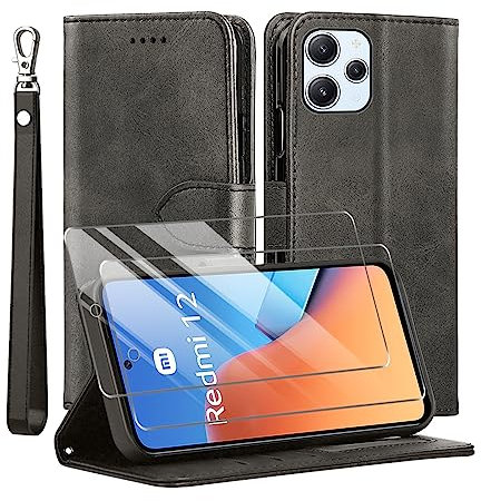 TTYSHTT Kompatibel mit Xiaomi Redmi 12 Hülle, Leder Flip Stoßfeste Handyhülle, Magnetische Schutzhülle Silikon TPU [Kartenfach] [Standfunktion][2X Displayschutzfolie] Case -Schwarz