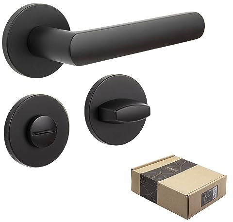 APECS Türgriffe innentüren Türgriff schwarz matt Modern Türklinke für Haustür und Innentür mit runden Rosetten Drückergarnitur mit Befestigungsmaterial Türbeschlag Modell KUMA WC - Badezimmer