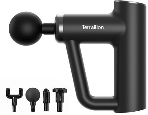 TERRAILLON - FITNESS MASSAGER Multizonen-Muskelmassagepistole, 6 Massagegeschwindigkeiten 1800-3200 RPM, Entlastung und Entspannung der Muskeln, Muskelerholung, 4 Aufsätze, USB-C.