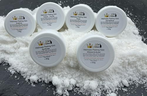 Dufte Momente | Sauna Salz Peeling Probierset - 6 x 50g - Aprikose, Arabica, Kokos-Vanille, Rose, Sandelana, Wiesenkräuter | BIO-Meersalz | Pflegekomponente aus Pflanzenölen | vegan