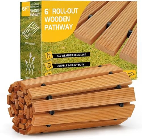 Holz Gartenweg Rollweg, Ausrollbarer Holzweg 183 x 43 cm, Holztritt Gartentritt Gehweg Wege im Garten, Hinterhof, Terrasse, Bodenbelag, Hochzeit Deko (Gebogen)