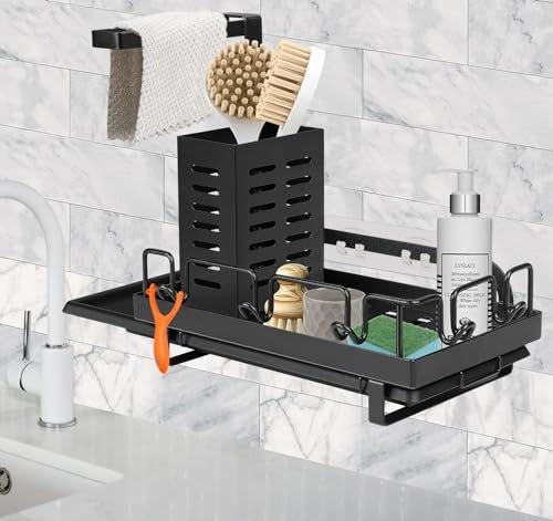 absolove Spülbecken Organizer Erweiterbar,Dual-Use Sink Organizer mit Abnehmbarer,Kitchen Organizer aus Edelstahl mit Einstellbarer Lappenhalter,Spüle Caddy Organizer für Küche&Badezimmer