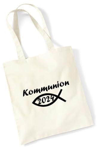 huuraa Jutebeutel Kommunion 2024 Fisch Stoffbeutel Baumwolle 10 Liter Natural mit Motiv zur Erstkommunion Geschenk Idee für Freunde und Familie
