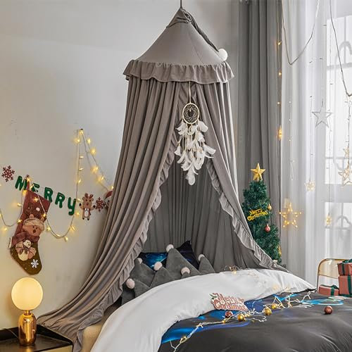 HUOQOU Betthimmel für Mädchen Prinzessin Runder Kuppel Kinder Träumendes Moskitonetz Bettwäsche Mädchenzimmer Schloss Spielzelt Hängendes Haus Dekor Leseecke Baldachine(Grau)