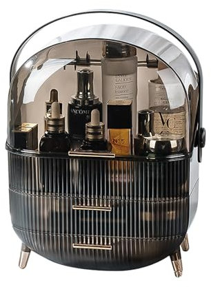 Jauhmui Tragbare Kosmetikorganiser Make Up Kosmetik Organizer Aufbewahrungsbox Kosmetikbox Staubdicht mit Deckel,Tragegriff,2 Schubladen für Bad & Schminktisch (Grau)