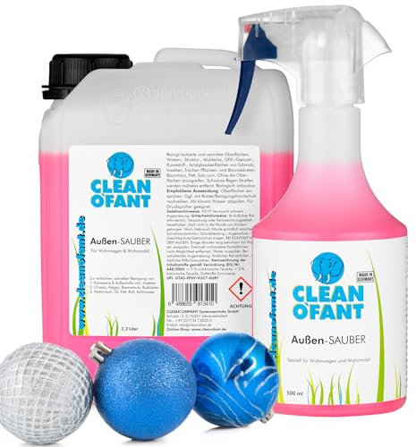 CLEANOFANT Außen-SAUBER | 500 ml + 2,3 Liter | Außen Reiniger für Wohnwagen Wohnmobil Caravan Vorzelt - das Shampoo vereint Außenreiniger, Insektenentferner, Felgen-Reiniger