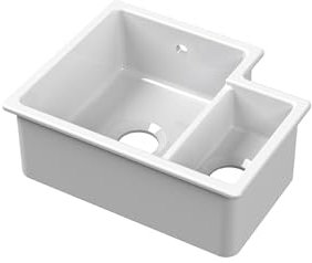 Balterley 549mm White Kitchen Sink, Left Hand Undermount Double Bowl with Overflow Hole, Durable Fireclay Ceramic Kitchen Sink Bowl, Undermount Sinks for Kitchens - 549 x 441 x 195mm (Glossy White)