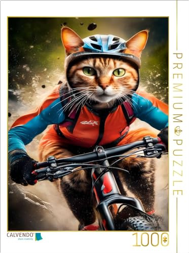 Puzzle · Katze beim Outdoorsport – Mountainbiken | Lustige Tierbilder entdecken · 1000 Teile · Lege-Größe 64 × 48 cm · CALVENDO Puzzle