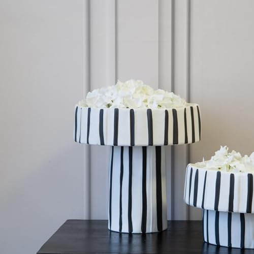Large Ceramic Hand Painted White & Black Striped Moss Bowl Vase Home Decor Home Interiors