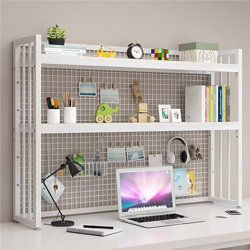 FPIGSHS Adjustable Desktop Bookshelf, 2 tier Countertop Bookcase for Computer Desk，desk hutch shelf unit,office Supplies Organizers rack And Accessories Storage Display shelves (WHITE, 115CM/45.2IN)