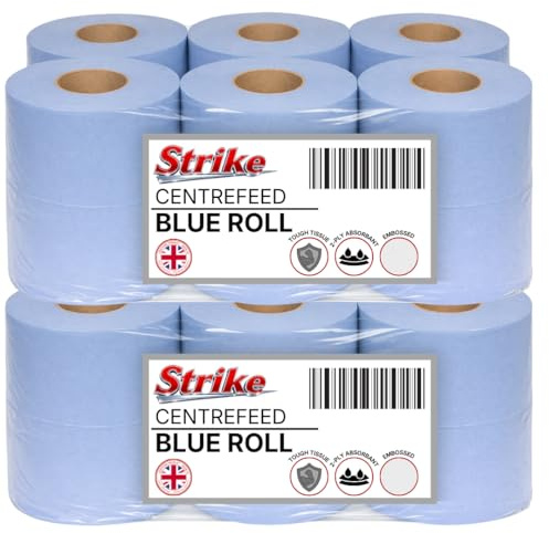 Strike Blue Centre Feed Rolls Embossed 2ply Wiper Paper Towel 50M p/Rolls 6 Per Pack Family Disposable Kitchen Rolls Cleaning Household (12 Rolls)