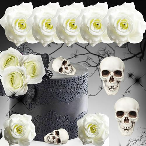 JeVenis Totenkopf Tortendekoration Weiße Rose Tortenaufsatz Weiß - Gothic Geburtstag Dekoration Tod Party Zubehör