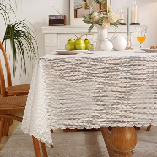 Bishilin Tischtuch Chenille, Tischdecke Quadratisch 110x110CM Outdoor Wetterfest Halbtransparent mit Wellen Motiv Nordisch, Tafeldecke Tischtuch Abwaschbar für Draußen Beige