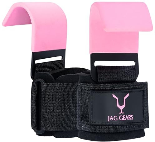 Jag Gears Gewichtheberhaken mit rutschfester Gummibeschichtung und 8 mm dickem gepolstertem Neopren mit Doppelnähten, Paar Hebebänder mit Haken für Männer & Frauen, Kreuzheben, Gewichtheben (Rosa)