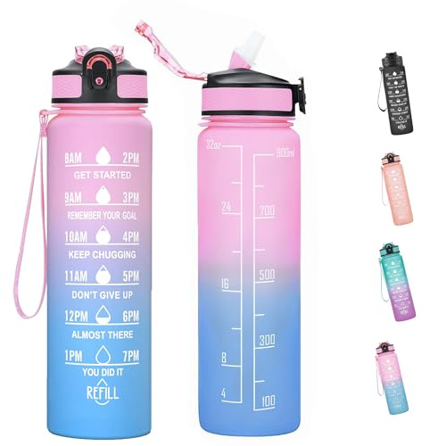 Toced Borraccia sportiva da 1 l, con cannuccia e tacche orarie, riutilizzabile, motivazionale, a prova di perdite, coperchio senza BPA, resistente, per palestra, sport, attività all'aperto (sfumatura