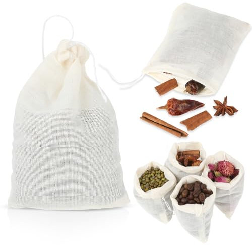 Dimeho Spice Bags - 24pcs Muslin Drawstring Bags for Cooking, Straining, Brewing, Stewing - Natural Unbleached Cotton, 4 x 3 Inches