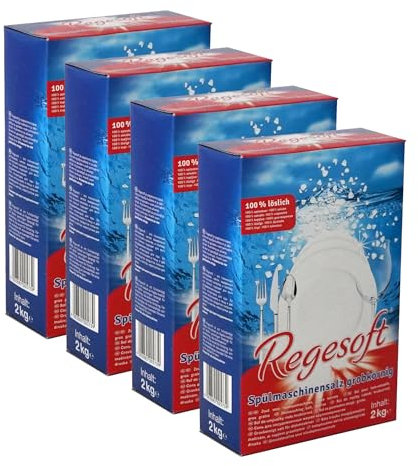 K+S Regesoft 1-6 8kg Geschirrspülsalz | 4 x 2kg Packung Spülmaschinensalz | Spezialsalz gegen Kalk Wasserflecken | Glänzendes Geschirr | Weiches Wasser