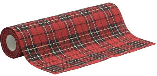 100%Mosel Tischläufer Schottenkaro, in Rot (28 cm x 5 m), 155 g/m², Karierte Tischdeko für Weihnachten, Tartan Tischband als Klassische Dekoration mit goldenem Akzent