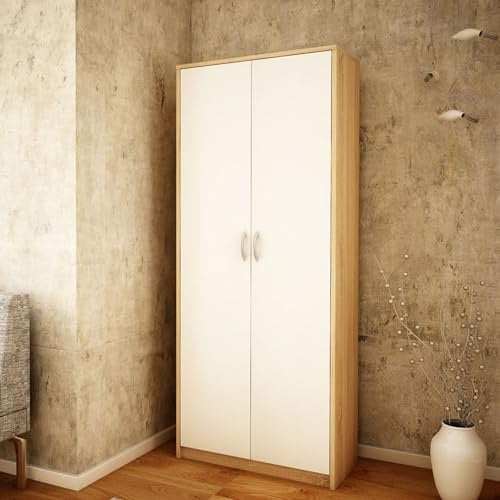Home Collective Schrank Mehrzweckschrank Aktenschrank Hochschrank mit 5 Fächern, 2 Türen, 74x35x180 cm vielseitig einsetzbar für Büro Flur Küche Hauswirtschaftsraum stabil & pflegeleicht | sonoma/weiß