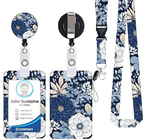 Porte Badge de Carte avec Cordon Tour de Cou d'Identification,Floraux Porte-cartes Swivel Lobster Clasp avec Lanières Rétractables Pour Cartes Clés Caméra Floraux (E-Fleurs bleues et blanches)