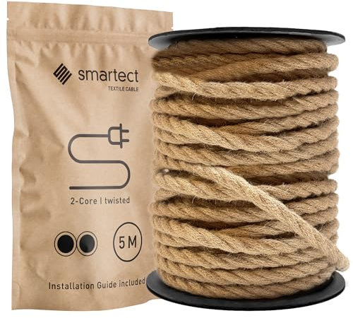 smartect Cavo Elettrico Tessile intrecciato Juta, 5 Metri Filo Elettrico Vintage, Bipolare (2 x 0.75mm²) Cavo Elettrico Rivestito in Tessuto per Fai da Te