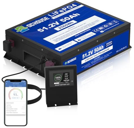 DCHOUSE Batterie LiFePO4 48V 50Ah pour voiturette de golf, BMS-2C 100A intégré, Bluetooth et coupure basse température, compatible avec voiturettes de golf, tondeuses,marin, bateau, solaire
