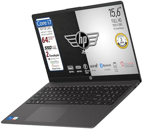 HP 250 G10 notebook portatile, Ram 64Gb, SSD da 2Tb display IPS FHD 15.6, Cpu Intel i7 1355U 10Core 5GHz, Wi-fi, 3 usb, Bt, Usb to Lan, Cybersaver, Win 11 Pro, pronto all'uso, Garanzia Italia 3 anni