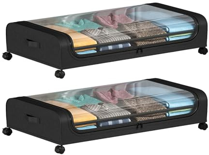 2 Stück Unterbett Aufbewahrungsbox mit Rädern Klares Fenster Rolling Unter Bett Metallschublade Decken Organisator Lagerbehälter für Kleideraufbewahrung Kleidung Unterbett-Kleiderschrank Unter dem Bet