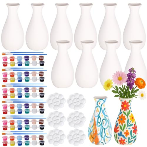 byepica 12 Stück DIY Keramik Vase Bastelset Bemalen Weiß Porzellan Blumentöpfe mit 6 Farbsets Paletten Pinsel Spaß Kreativ Kit