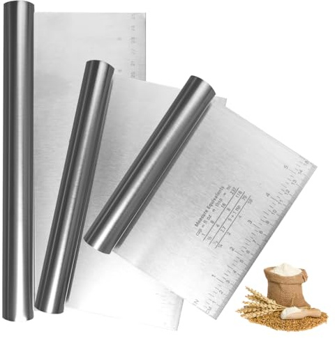 3 Pezzi Tarocco per Impasti, Acciaio Inossidabile Spatola Cucina Set 15/20/25cm Spatola Pizza con Scala Graduata Spatolas per Dolci Taglia Impasto con Manici per Torte Pizza Utensili da Forno