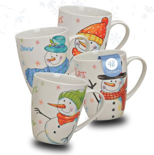 Schöne Weihnachtstassen im 48 Stk. Karton - große 300 ml Kaffee-Tassen mit lustigen Schneemann Weihnachtsmotiven