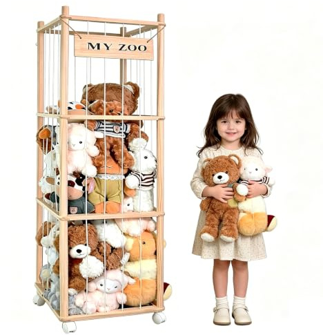 Holz Kuscheltier Aufbewahrung Mit 360°Bremse Ausgestattete Räder, 135 * 40 * 40cm Stofftier Aufbewahrung für Kuscheltiere, Stofftiere, Plüschtier, Plüschtier für Kinderzimmer, Spielzimmer, Wohnzimmer