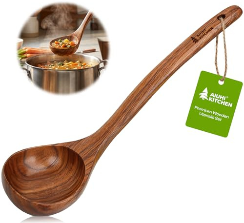 AIUHI 12.6″ Larger Wooden Ladle for Cooking, Long Handle Soup Spoon, Durable & Non-stick Teak Wood Ladle Spoon