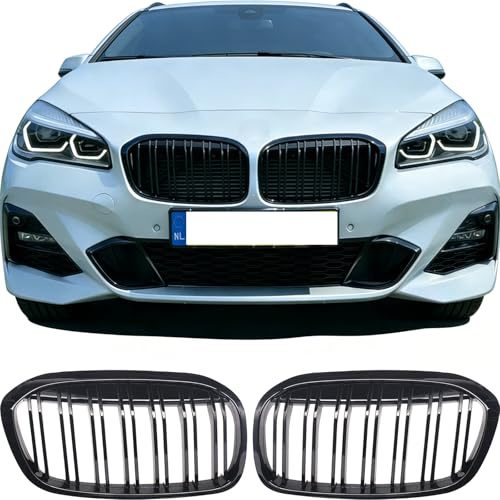 Sport Kühlergrill Nieren kompatibel mit BMW 2er F45 F46 Bj. 2018-2021 Glanz Schwarz Doppelsteg Grill