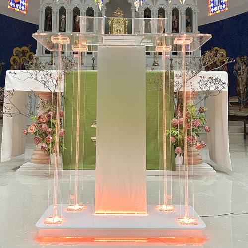 Acryl-Kirchenkanzel mit LED-Leuchten, tragbar, transparent, Podium auf Rädern, geräumige Leseplattform, klares Rednerpult für Reden, 46 Zoll Höhe, ideal für Kirchen und Veranstaltungen