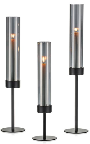 Hewory 6er Set Kerzenständer Schwarz mit Glaszylinder für Wohnzimmer Deko | Abnehmbares Glas, Hitzefest, Metall Modern Kerzenhalter Stabkerze Set Windlicht für Tischdeko Halloween, Terrassen Outdoor