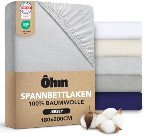 Ôhm Spannbettlaken 180x200 Grau – Jersey 100% Baumwolle 28cm Steghöhe | Bettlaken aus 100% Jersey-Baumwolle für hohe Matratzen & Boxspring. 90x200 bis 200x200, weich, atmungsaktiv, OEKO-TEX.