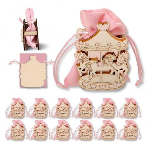 Dorunova Sacchetto Sacchettini Sacchetti per Confetti Bomboniere Battesimo Bambina Ragazzo Portaconfetti Comunione 12 Pieces (Rosa Pastello, Giostra con Cavalli)