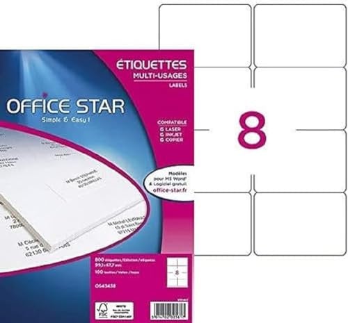 OFFICE STAR - 800 Étiquettes Autocollantes Multi-Usages Blanches Personnalisables Imprimables - Format 99,1 x 67,7 mm - Impression Laset Jet d'Encre et Copieur
