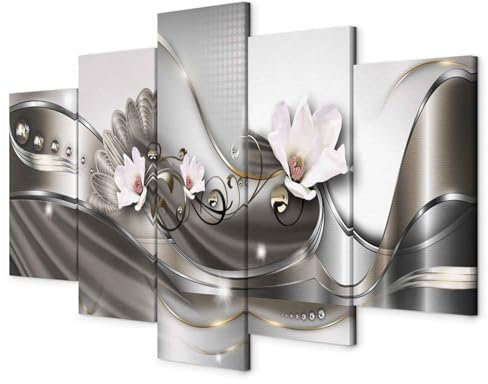 B&D XXL - Wandbilder XXL Abstrakt 200x100cm 5 tlg - Wand Deko Leinwand Bilder Groß Wanddeko Wohnzimmer Schlafzimmer Kunstdrucke - Blumen Orchidee Ornament Perlen grau silber