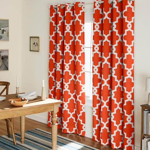 TOWN & COUNTRY EVERYDAY Ironwork Geo Trellis Sateen Indoor Curtains, Room Darkening Blackout, Grommet Top, Energy Efficient, 2-Pack Set, 52x84, Mecca Orange