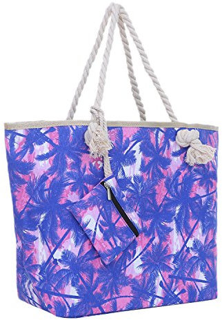 DonDon Strandtasche XXL mit Reißverschluss - Umhängetasche Damen, Shopper Tasche Damen im Beach Look mit Schulterriemen - Urlaub Must Haves Beach bag - Palmen rosa blau