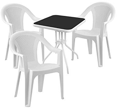 Mojawo® - Bistrogarnitur - 4-teilig - Bistrotisch Glas/Metall 60x60cmxH70cm weiß/schwarz + 3 Stapelstühle weiß Kunststoff