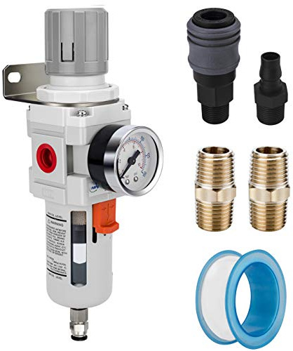 NANPU 1/2 NPT Compressed Air Filter Regulator Combo Piggyback, 5 Micron Brass Element, Poly Bowl, Semi-Auto Drain, Metal Bracket, 0-150 psi Gauge